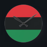 Red, Black and Green Flag Round Clock<br><div class="desc">The 3 Pan-African colors on the flag represent: RED: the blood that unites all people of Black African ancestry, and shed for liberation; BLACK: black people whose existence as a nation, though not a nation-state, is affirmed by the existence of the flag; and GREEN: the abundant natural wealth of Africa....</div>