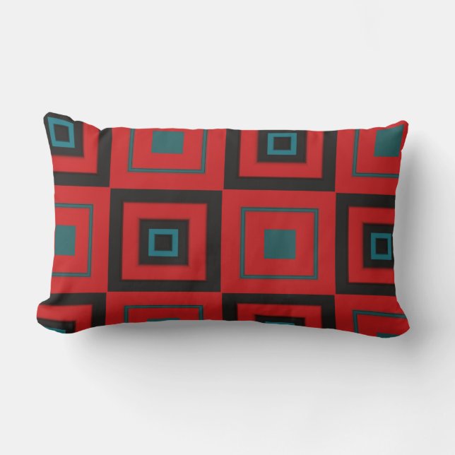Red, black and turquoise geometric lumbar cushion (Front)
