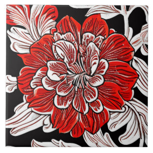 Red Black and White Art Nouveau Flower  Tile