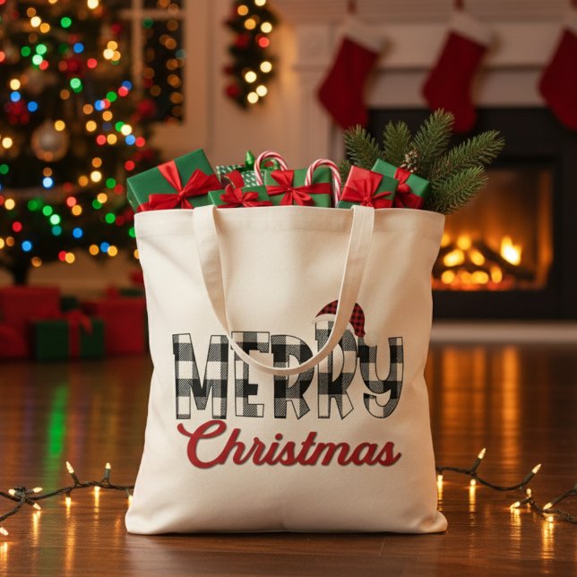 Red, Black and White Buffalo Plaid Merry Christmas Tote Bag (Red, Black and White Buffalo Plaid Merry Christmas Tote Bag)