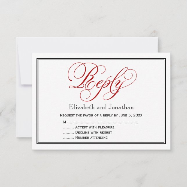 Red Black and White Calligraphy Wedding Reply Card (Front)