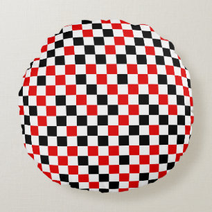 Red Black and White Chequered Round Cushion