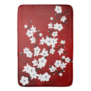 Red Black And White Cherry Blossom Bath Mat