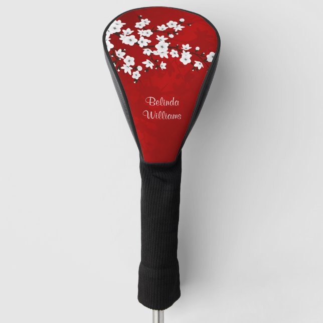 Red Black And White Cherry Blossom Golf Head Cover (Front)