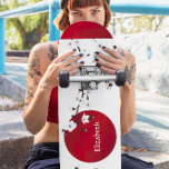 Red Black And White Cherry Blossom Rising Sun Name Skateboard<br><div class="desc">White and black cherry blossom branch in front of a red rising sun. Customise this classic Japan design with your name or text.</div>