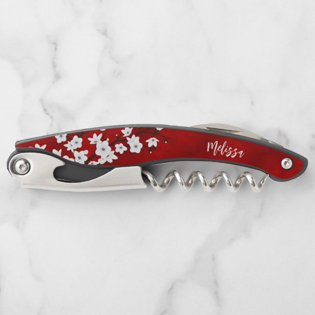 Red Black And White Cherry Blossoms Monogram Waite Corkscrew (Front)
