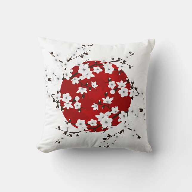 Red Black And White Cherry Blossoms Rising Sun Cushion (Front)