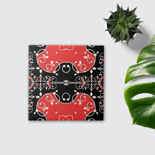 Red Black and White Classic Elegant Leafy Ornate Tile