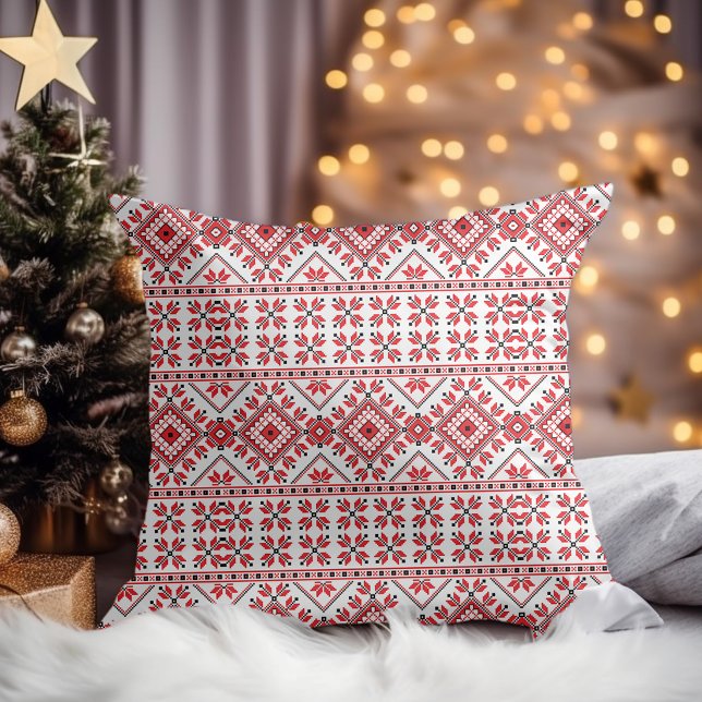 Red Black And White Classic Nordic Fair Isle Motif Cushion (Creator Uploaded)