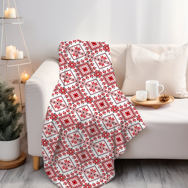 Red Black And White Classic Nordic Fair Isle Motif Fleece Blanket (Creator Uploaded)