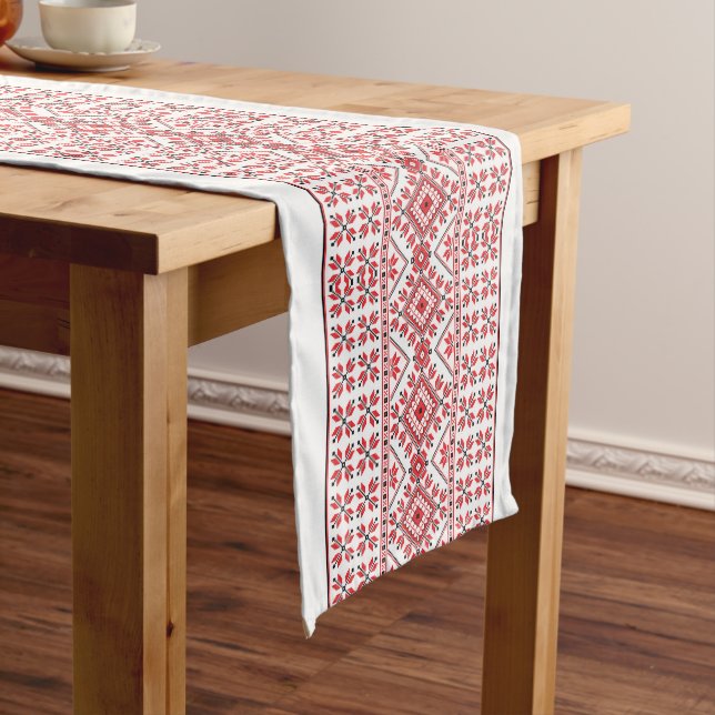 Red Black And White Classic Nordic Fair Isle Motif Medium Table Runner (In Situ)