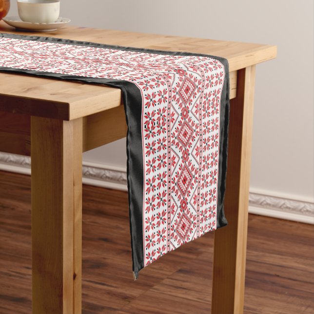 Red Black And White Classic Nordic Fair Isle Motif Medium Table Runner (In Situ)
