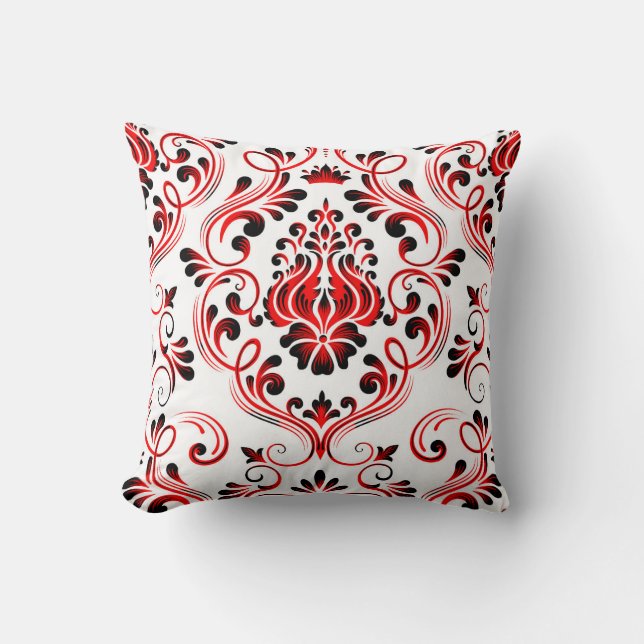 Red Black and White Damask Floral Pattern Elegant  Cushion (Front)