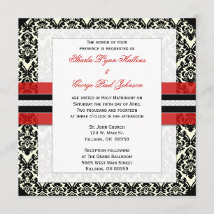 Red, Black, and White Damask  Wedding Invitation