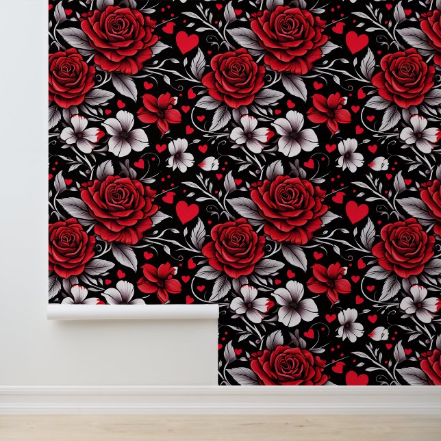 Red, Black and White Floral Roses and Hearts Wallpaper (Application)