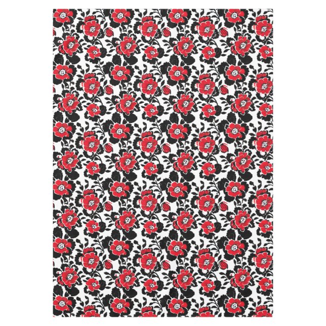Red, Black and White Flowers Pattern Tablecloth (Front)
