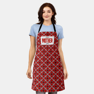 Red, Black, and White Geometric Pixel pattern Apron