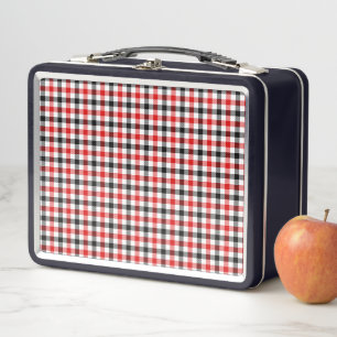 Red Black and White Gingham Check Metal Lunch Box