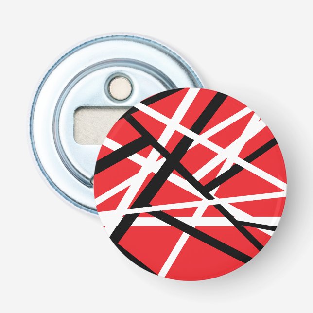 red, black, and white graphic bottle opener (Front)
