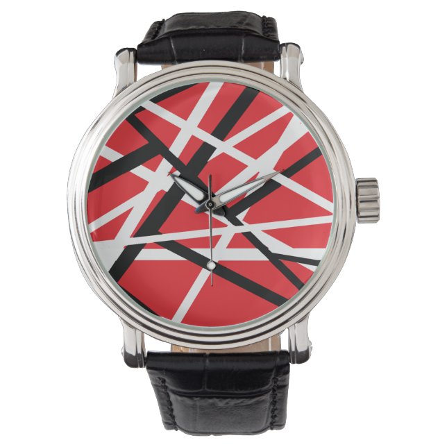 red, black, and white graphic watch (Front)