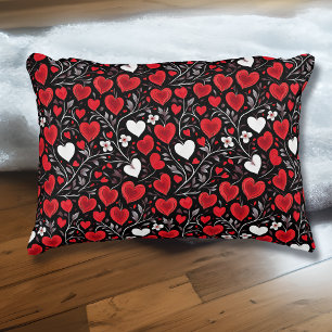Red, Black and White Hearts and Flowers Pattern Decorative Cushion