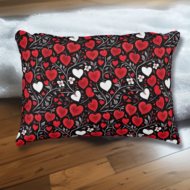 Red, Black and White Hearts and Flowers Pattern Decorative Cushion (Creator Uploaded)