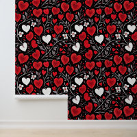 Red, Black and White Hearts and Flowers Pattern