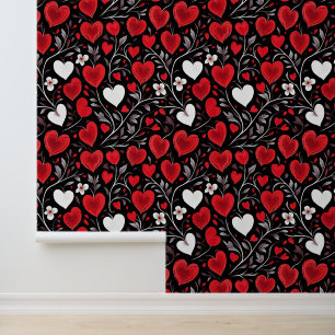 Red, Black and White Hearts and Flowers Pattern Wallpaper