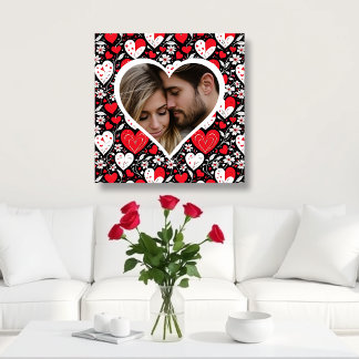 Red, Black and White Hearts and Flowers Photo Canvas Print