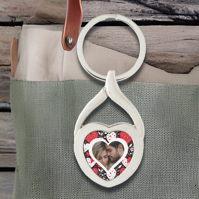 Red, Black and White Hearts and Flowers Photo Key Ring (Creator Uploaded)