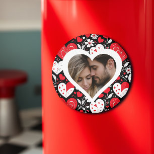 Red, Black and White Hearts and Flowers Photo Magnet