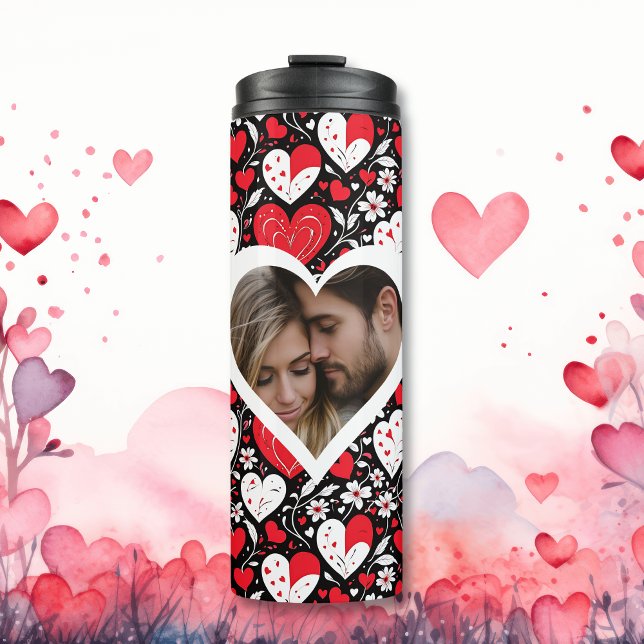 Red, Black and White Hearts and Flowers Photo Thermal Tumbler (Creator Uploaded)