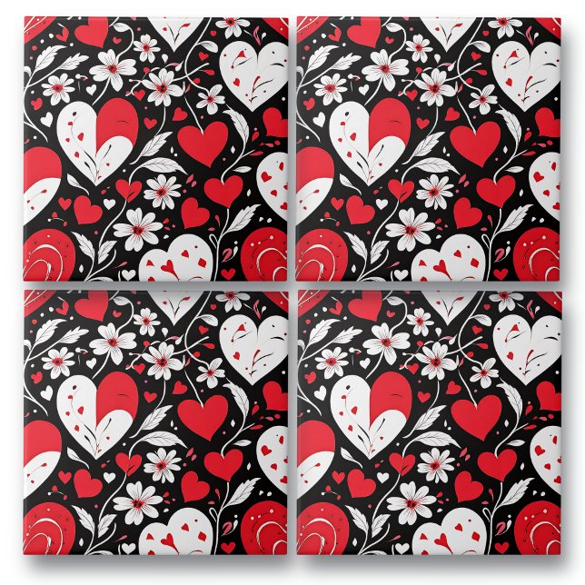 Red, Black and White Hearts and Flowers Romantic Tile (Creator Uploaded)