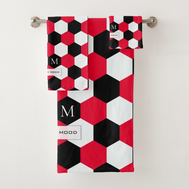 Red, Black and White Hexagons Monogram Bath Towel Set (Insitu)