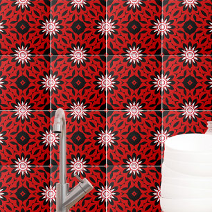 Red Black And White Kaleidoscopic Geometric  Tile
