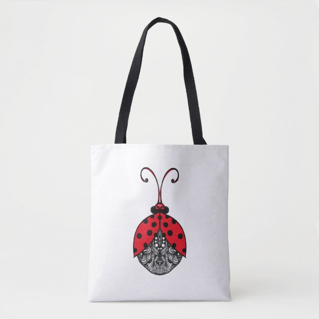 Red black and white line tangle ladybug tote bag (Front)