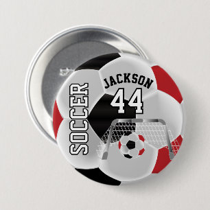 Red, Black and White Personalise Soccer Ball 7.5 Cm Round Badge