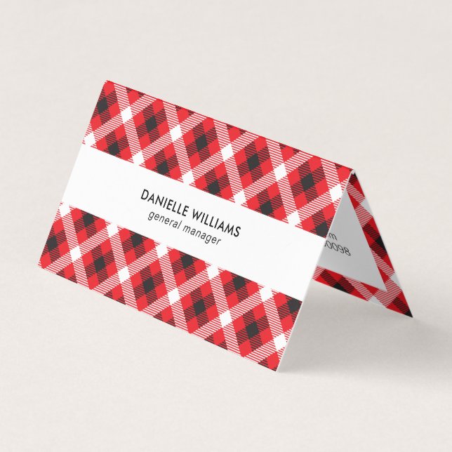 Red black and white plaid pattern business card (Front)