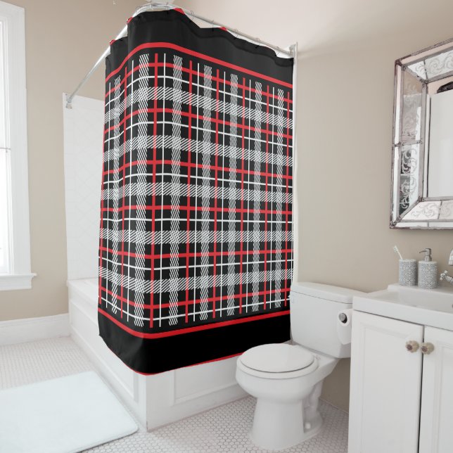 Red, Black and White Plaid Shower Curtain (In Situ)