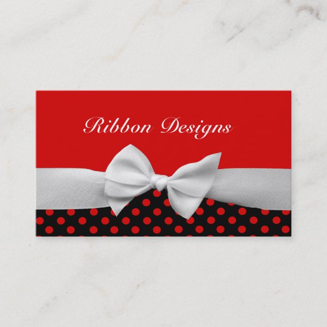 Red Black and white ribbon and polka dots Business Card (Front)