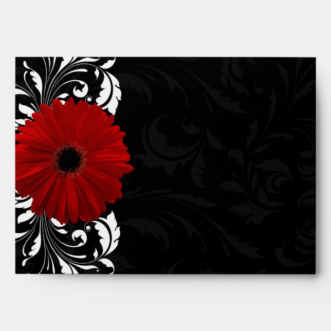 Red, Black and White Scroll Gerbera Daisy Envelopes (Front)