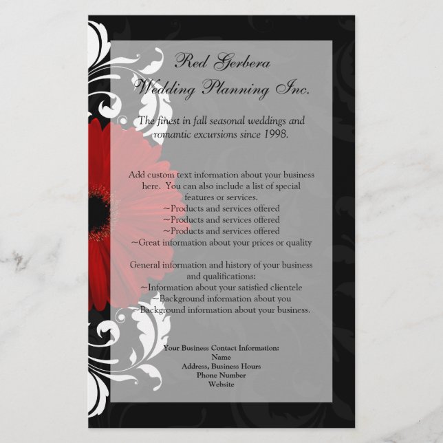 Red, Black and White Scroll Gerbera Daisy Flyer (Front)
