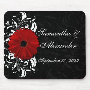 Red, Black and White Scroll Gerbera Daisy Mouse Pad