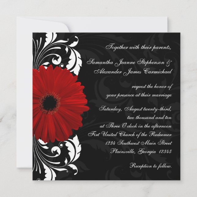 Red, Black and White Scroll Gerbera Daisy Square Invitation (Front)