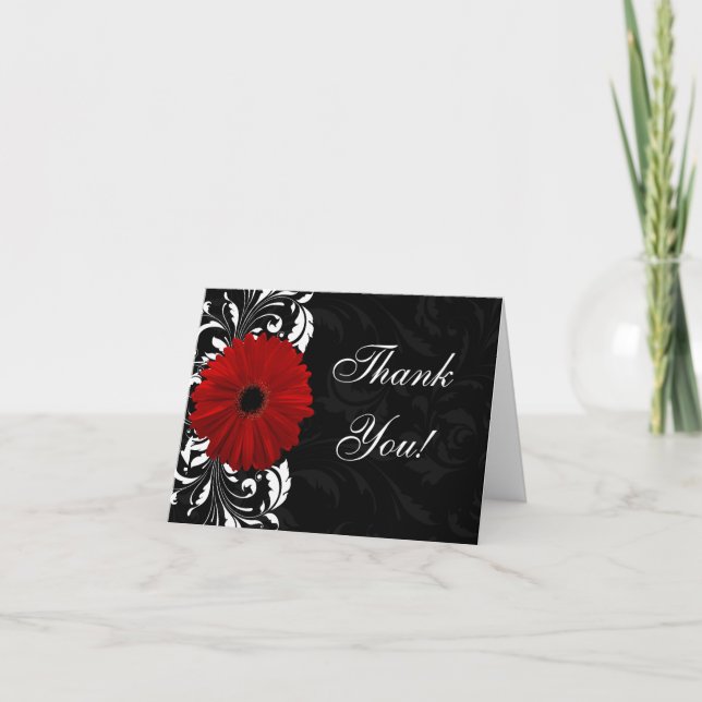 Red, Black and White Scroll Gerbera Daisy Thank You Card (Front)
