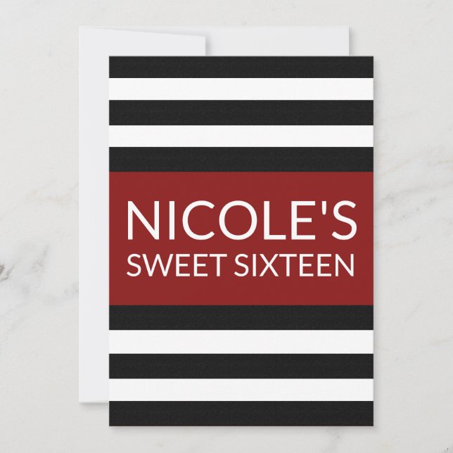 Red Black And White  Striped Sweet 16 Birthday Invitation (Front)
