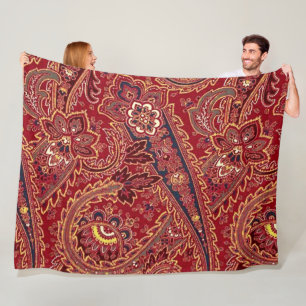 Red, Black and White Vintage Paisley Floral Fleece Blanket