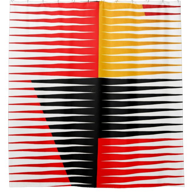 Red, black, and yellow artwork shower curtain (Front)
