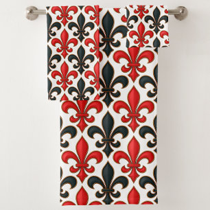 Red Black Baroque Fleur-de-lis Pattern Design Bath Towel Set
