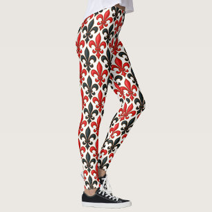 Red Black Baroque Fleur-de-lis Pattern Design Leggings